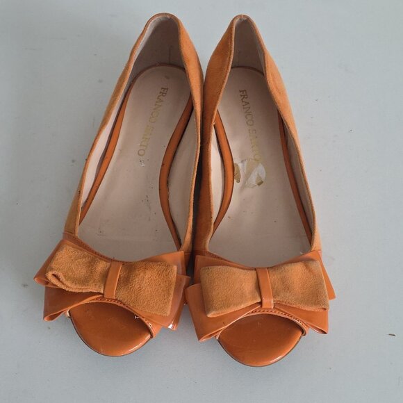 FRANCO SARTO | Open Toe Flats Orange Suede Patent Lather Bow Sz 9M - Picture 6 of 6